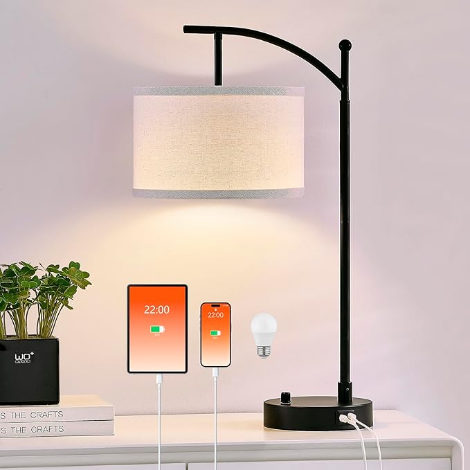 Table Lamp for Living Room Bedroom, 23.5" Table Lamp with USB C+A Ports, Bedside Lamp for Nightstand with Linen Lamp Shade, Dimmable LED Bulb Included