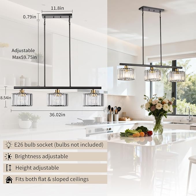 TALOYA Pendant Lights Kitchen Island Black and Gold, 3-Light Crystal Pendant Light Modern, Height Adjustable Chandelier Hanging Island Light Fixtures for Kitchen Dinning Room(Bulb Not Included)