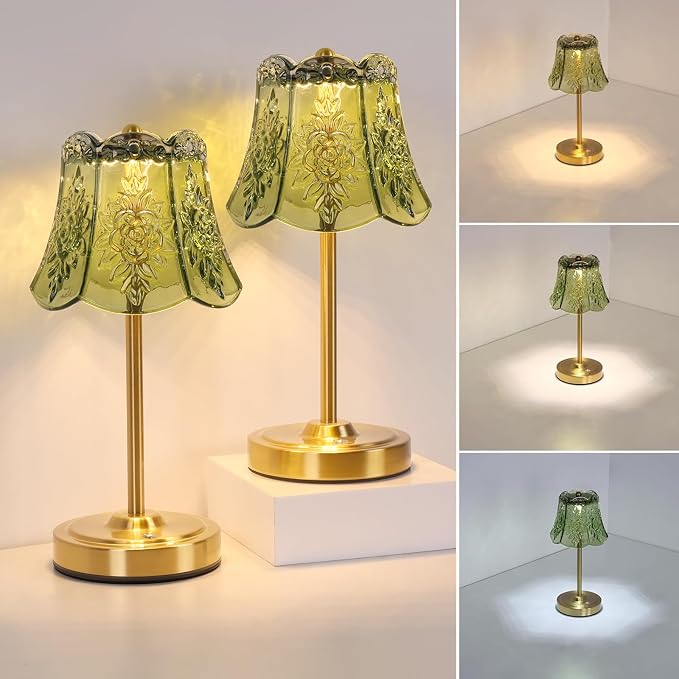 Shenmoyl Set of 2 Cordless Touch Table Lamp with 5200mAh Battery - 3 Adjustable Color Temperatures & Dimmable, Rechargeable Lamp for Bedsides, Living Room, Entryway, Bookshelves (Green Rose)