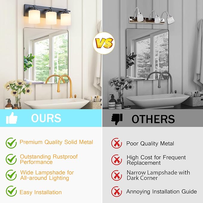 Modern Bathroom Light Fixtures Over Mirror, Vanity Lights for Bathroom Wall Sconces with Milky White Glass Shades, E26 Socket (Bulbs Not Included), 3 Light, Black