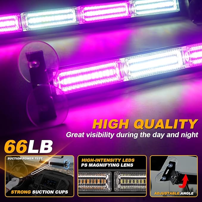Emergency Lights Interior Windshield Strobe Volunteer Firefighter Lights Warning Hazard Safety 2x17.7 Front/Rear Windshield Light Bar for Vehicles Trucks, Purple/White