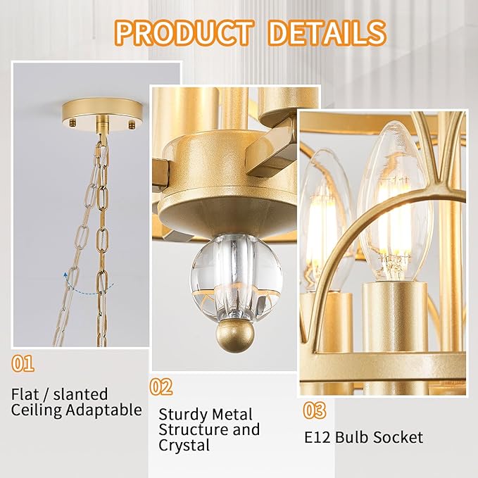 6-Light Gold Chandelier,18.1in Farmhouse Lantern Pendant Light Fixture,Adjustable Hanging Ceiling Lamp with E12 Socket,for Kitchen Island,Bedroom,Entryway,Dining Room
