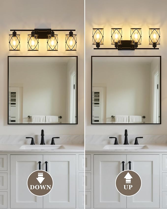 4-Light Black Bathroom Light Fixtures, 29 Inch Modern Bathroom Vanity Lighting Fixtures Over Mirror with Clear Glass and Metal Cage Wall Sconce Lights for Bath, E26, CH9176BK-4W