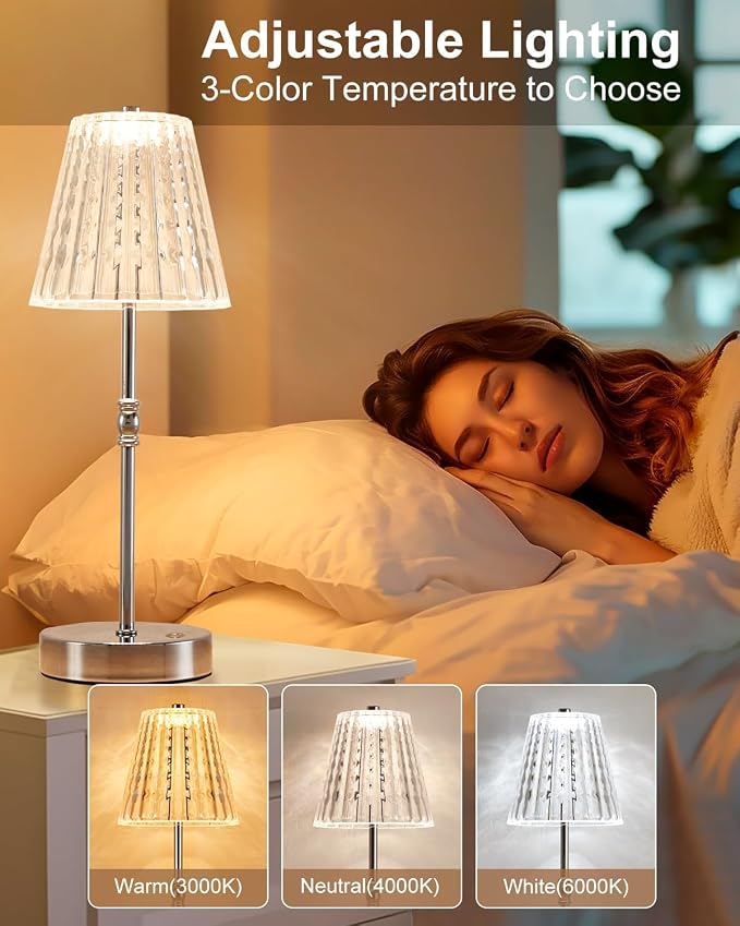 SAIWEYA Cordless Table Lamp Battery Operated Touch Dimming Crystal Lamp | 3 Colors Modes, Rechargeable LED Desk Lamp Night Light for Bedroom, Kitchen, Bar, Office