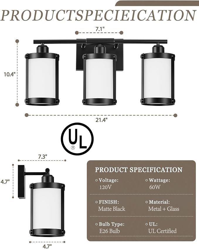 3-Light Black Bathroom Light Fixtures with Milk White Frosted Glass, 21" Modern Bathroom Vanity Lighting Fixtures Over Mirror with Metal Cage, Wall Sconce Lights for Bath, E26, OS-3014BKW-3W