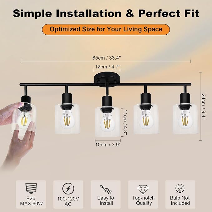HiBay 5-Light Black Track Lighting Fixture Ceiling Flexible Glass Spotlight | Multi Directional & Foldable, Modern Farmhouse Industrial, for Kitchen, Living Room, Home Office, E26 Base