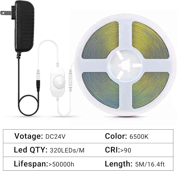 GUPUP 16.4ft COB Turnable Rope Light, White LED Strip Light, 6500K 24V | 1600 LEDs Density Lighting Strip with Dimmable Switch, 3M Adhesive, CRI≥90, for Cabinet, Kitchen, Mirror, Home Decoration
