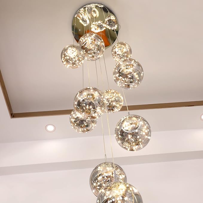 10-Light LED Staircase Chandelier Crystal Ceiling Lights Large Chandeliers for High Ceilings, Entryway Modern Lighting Fixture Villas and Stairs, Adjustable Length 16" W x79 H，50W -Grey