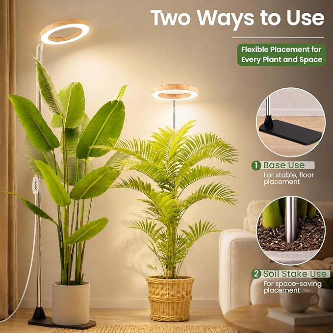 Grow Lights for Indoor Plants, 6.3" Full Spectrum Plant Light with Base | Bamboo Grain, 65" Adjustable for Indoor Garden Tall Large Plants, 6/8/12/16H Auto Timer, 3 Light Colors, 5 Brightness, 2 Pack