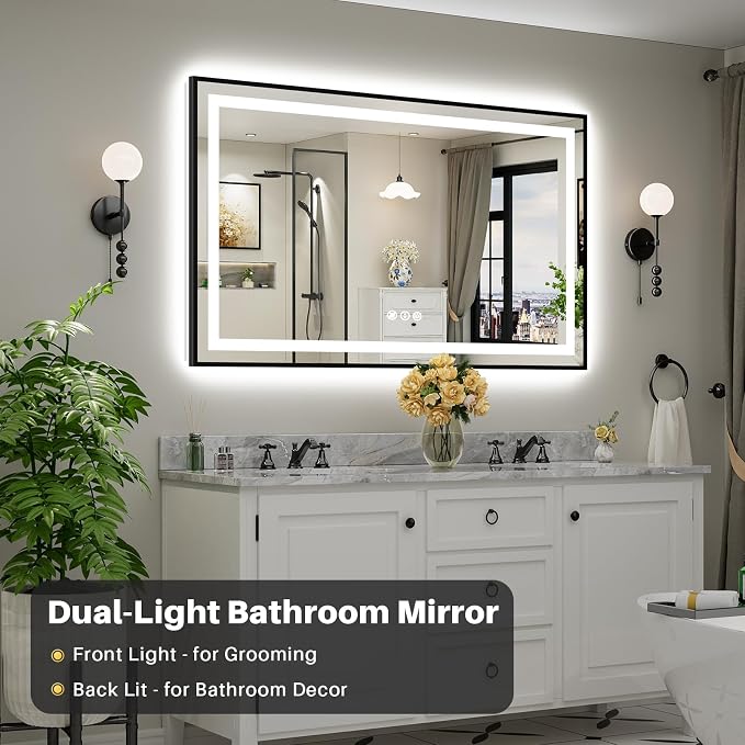 60x36 Inch LED Bathroom Mirror with Black Frame, Backlit & Front Lit | Anti-fog, 3 Color Dimmable, Memory Function, HD Reflection Tempered Glass, ETL Listed, IP54 Waterproof