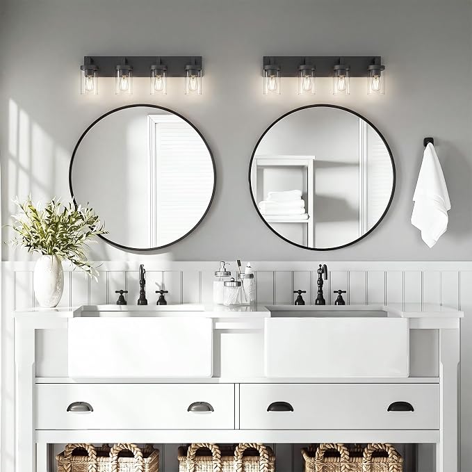 Bathroom Vanity Light, 4 Light Matte Black Vanity Light with Clear Glass Shade, 30in Farmhouse Vanity Light, Bathroom Lighting Fixtures Over Mirror for Bathroom