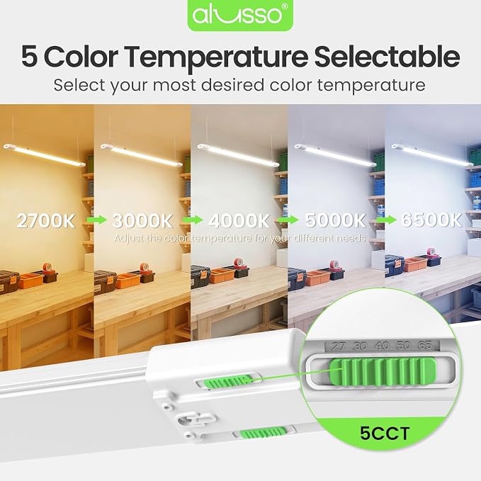 ALUSSO® LED Shop Lights 4FT for Garage, 6000LM Super Bright, Adjustable 2700K-6500K Color Temperature, 120V, Warm to Cool Daylight Linkable Shop Lights for Workshop, 4 Pack
