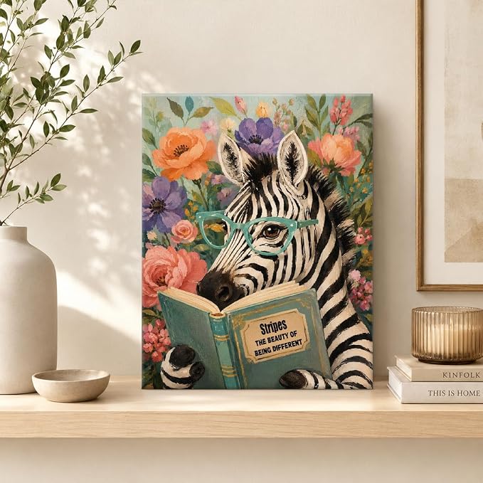 NSFBESSLIA Funny Reading Zebra Painting, Whimsical Floral Animal Decor, Stripes The Beauty of Being Different, Cottagecore Wall Art for Living Room Bedroom Entryway, 8x10 Inch