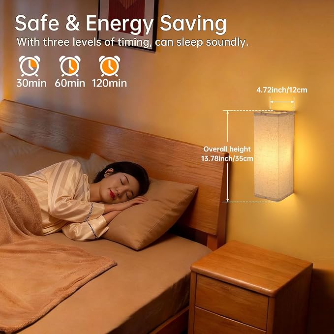 Shenmoyl 2-Pack Rectangle Wall Sconces, Battery Operated with 6000mAh Rechargeable Bulb, 12 RGB Colors & Dimmable, Stick on Wall No Drill, Timer Function, Linen Shade for Bedroom Living Room Decor