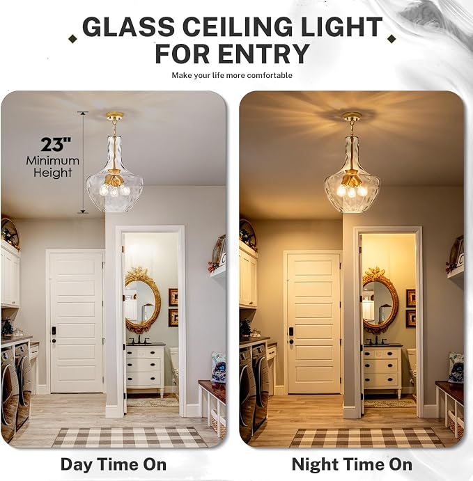 Modern 3-Light Gold Pendant Light Hammered Glass Kitchen Island Light Large Glass Pendant Lights Over Sink Brass Hand-Blown Glass Hanging Light for Kitchen Dining Room Hallway Entrance