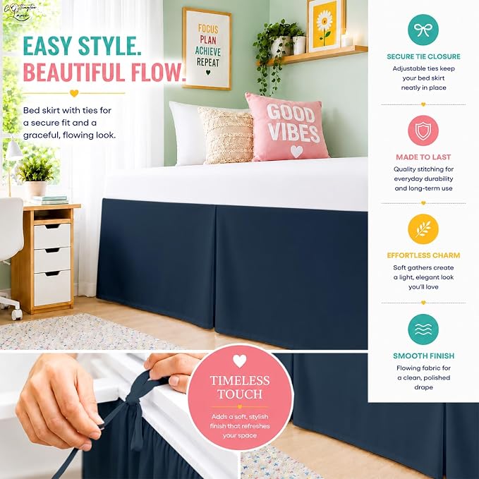 Cottington Lane Tailored Box Pleated College Dorm Bed Skirt Twin XL, Hotel Quality Premium Brushed Microfiber Extra Long Bedskirt Twin XL 46 Inch Drop, Navy Blue Dorm Bedding