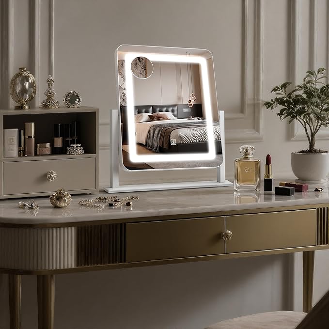 Rechargeable Vanity Mirror with Lights, 3000mAH Battery, 15"×12.2" LED Makeup Mirror, 10X Magnification, Smart Touch with 3-Color Lighting, 360° Rotation, Lighted Up for Makeup Desk, Bedroom (White)