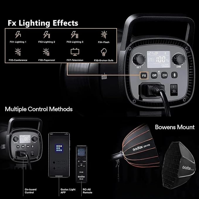Godox SL60IID 70W LED Video Light, 18600Lux@1M 5600K LED Continuous Light, CRI96+ Bluetooth&Remote Control 8 Fx Effects, Compact Studio Light for Video&Photography