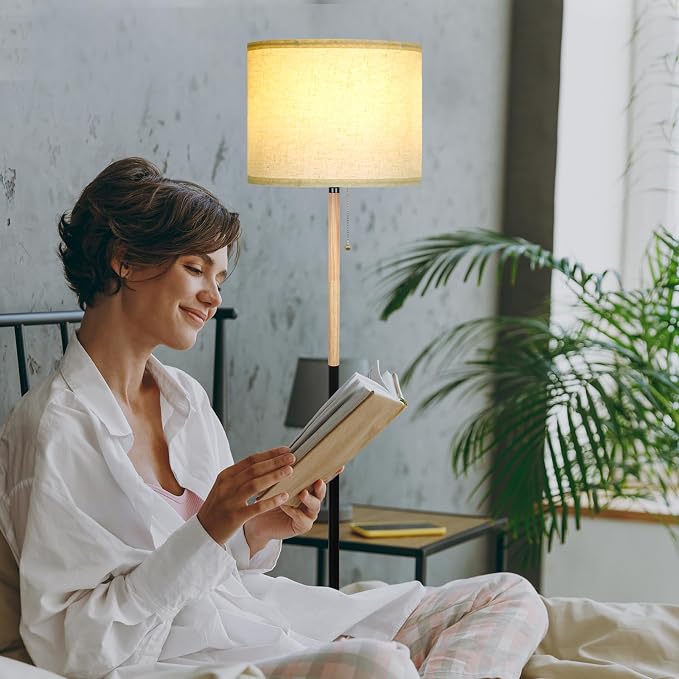 Bedroom Floor Lamp Farmhouse Floor Lamps for Living Room Mid-Century Pole Lamp with Linen Lamp Shade, Standing Tall Floor Lamps for Bedrooms and Office (White+ Wood Black Pole)