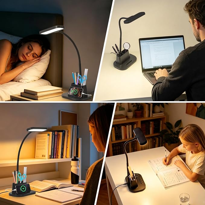 LED Desk Lamp for Dorm Small Desk Lamp with Pen Holder 5 Color Modes Black | Dimmable Touch Control, USB Charging Port, Eye-Caring Reading Light for Home Office Table Study College Room Students