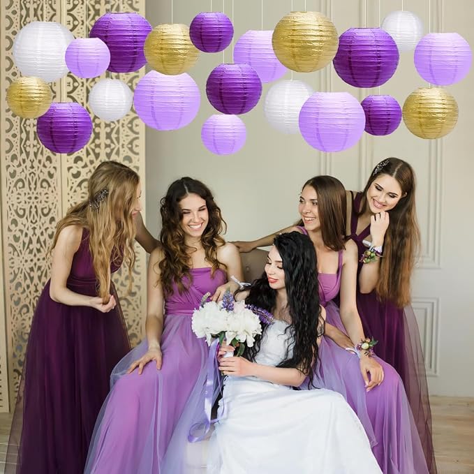 Paper Lanterns Party Decorations, Hanging Round Chinese Lanterns for Graduation Bachelorette Purple Birthday Decorations Pack of 20 Purple Gold