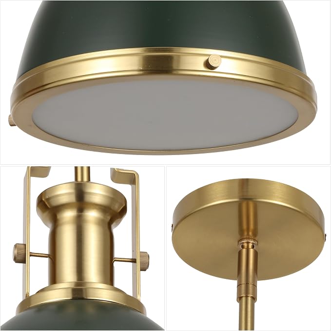 JONATHAN Y Homer Industrial Dome Pendant 10", Kombu Green/Brass Gold | 1-Light, Farmhouse Style, Adjustable Hanging Height, Glass Diffuser, Sloped Ceiling Compatible, Metal, LED Bulb Included