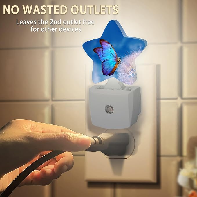 Blue Butterfly Dandelion Night Lights Plug into Wall with Dusk to Dawn Sensor,Lamp for Bedroom Bathroom Hallway Nightlight for Women Girls