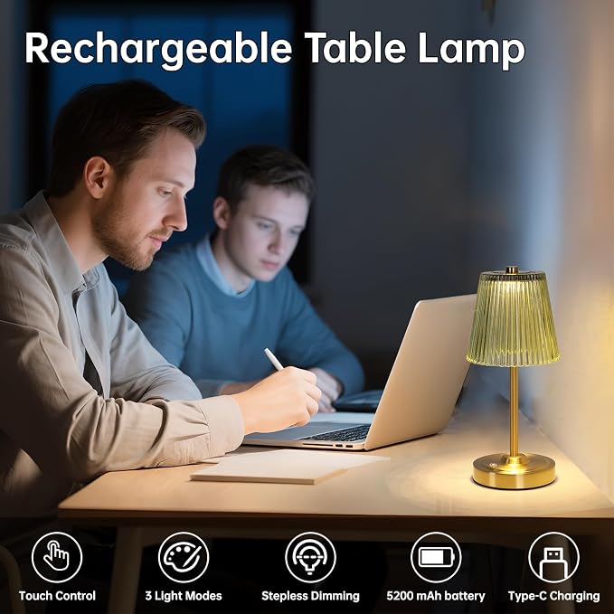 Shenmoyl Set of 2 Cordless Touch Table Lamp with 5200mAh Battery - 3 Adjustable Color Temperatures & Dimmable, Rechargeable Lamp for Bedsides, Living Room, Entryway, Bookshelves (Green Stripe)