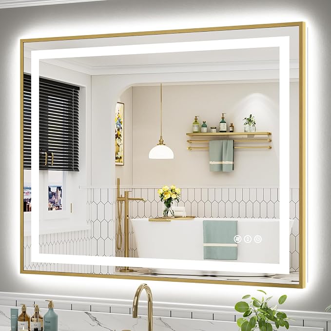 48x40 Inch LED Bathroom Mirror with Gold Frame, Backlit & Front Lit | Anti-fog, 3 Color Dimmable, Memory Function, HD Reflection Tempered Glass, ETL Listed, IP54 Waterproof