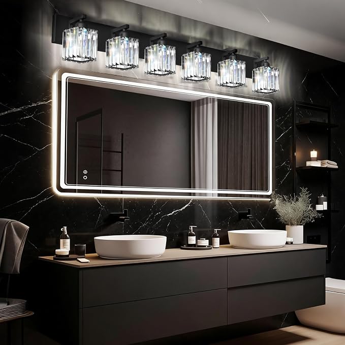Black Crystal Bathroom Vanity Light, 6-Light Modern Bathroom Lighting Fixtures Over Mirror, Matte Black Wall Sconce Light Fixtures with Square Shade
