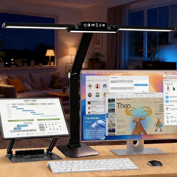 24W LED Desk Lamp with 2-in-1 Weighted Base & Clamp, 26.8" Dual Monitor Light Bar, Remote, Eye-Caring Red Light Beads, Stepless Dimming, Adjustable Architect Swing Arm for Home Office, Black | Weighted base option, remote control, eye-caring red beads,...