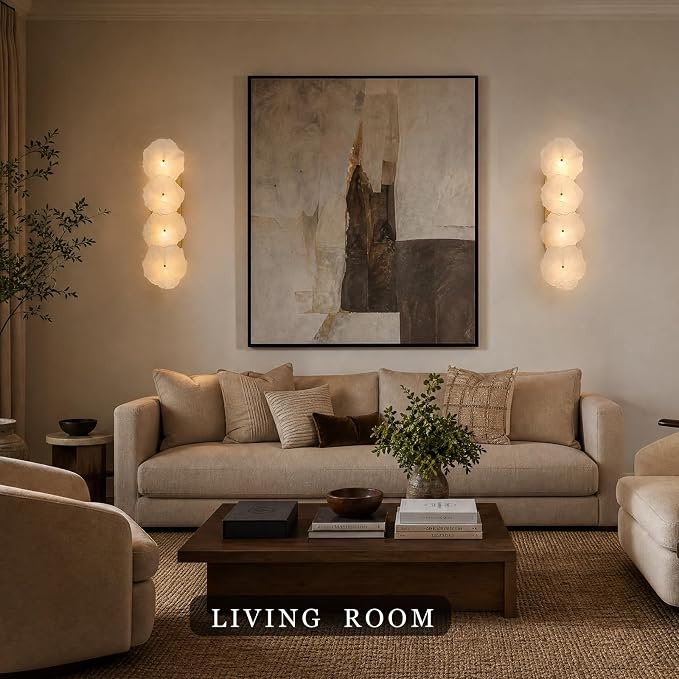 Alabaster Wall Sconce, 4-Light Luxury Spanish Natural Marble Wall Sconce, Brushed Gold Alabaster Sconces, Indoor Bathroom Sconces Wall Light for Foyer, Stairs, Dining Room, Art Deco(1 Pack