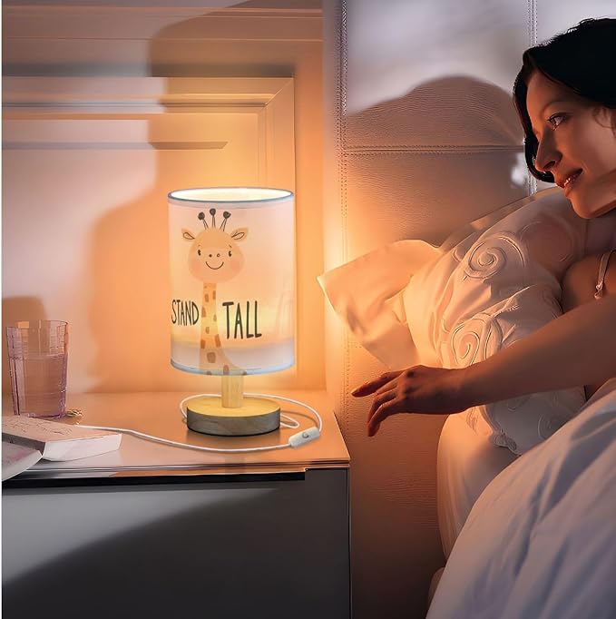 Cute Giraffe Cartoon Animal with Stand Tall Positive Bedside Table Lamps with USB Port for Bedroom LampSmall Nightstand Lamp Linen Shade Wooden Decorative Lamps for for Nursery Kids Reading Home