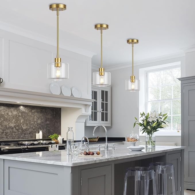 Brushed Gold Pendant Lights Kitchen Island 2 Pack, Modern Clear Glass Hanging Light Fixtures with Rods, Mini Kitchen Pendant Lighting Over Island for Sink Bathroom, OS-YQ8153-2PBGC