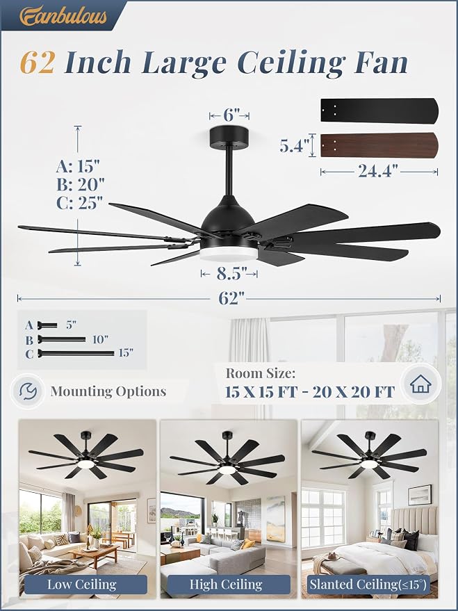 Fanbulous 62 Inch Outdoor Ceiling Fans with Lights,Black | Modern,6 Speeds,3CCT,Timer,Remote Control,Quiet Reversible DC motor,Large,8 Double-sided Blades,Easy Installation