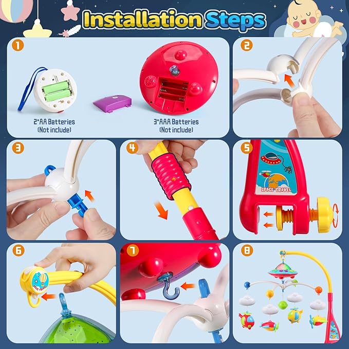 Baby Musical Crib Mobile with Hanging Rotating Toys, Remote Control, Lights Projector Function Music Box, Cartoon Rattles for Babies Boy Girl 0-24 Months, Newborn Sleep with 108 Melodies (Plane)