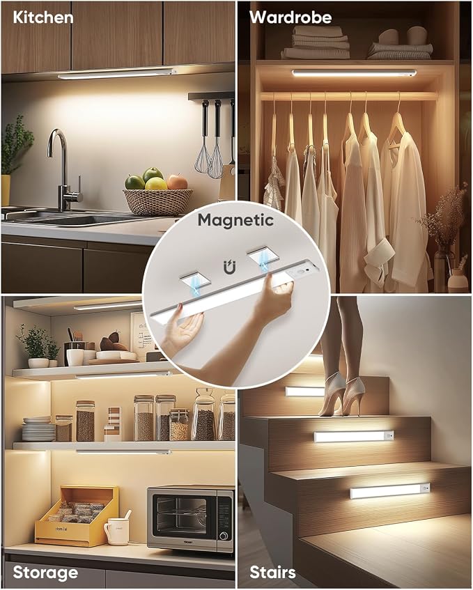 Under Cabinet Lighting Wireless, Rechargeable LED Motion Sensor Light Indoor, Closet Lights with Remote, Timer, 3 Color Temps & Dimmable Magnetic Under Counter Lights for Kitchen, Stairs, 6 Pack