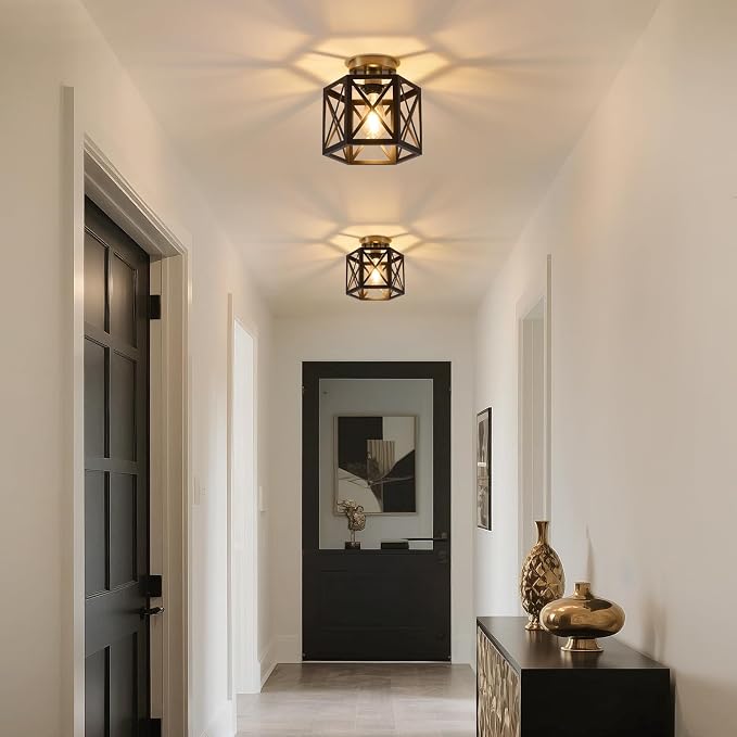 XSDeTu Black Gold Flush Mount Ceiling Light Fixtures, Farmhouse Ceiling Lights with Hexagonal Metal Cage, Modern Close to Ceiling Lamp, Small Chandelier for Kitchen Hallway Porch Bedroom, 2 Pack