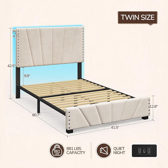 EnHomee Twin Bed Frame with LED Lights & USB, Noise-Free, Beige | Adjustable Velvet Headboard，Under-Bed Storage，Heavy Duty Support with 12 Slats，No Box Spring Needed，Easy Assembly for Bedroom