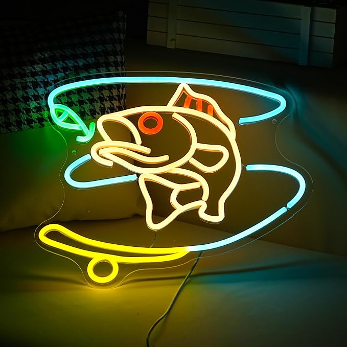 GNVETZLL Fishing Neon Sign Dimmable Fish Neon Light for Wall Decor LED USB Powered Fishing Hook Lights for Fishing Gear Store Yacht Man Cave Living Room Boys Gifts(Multicolor 15.7‘’*12.4‘’）