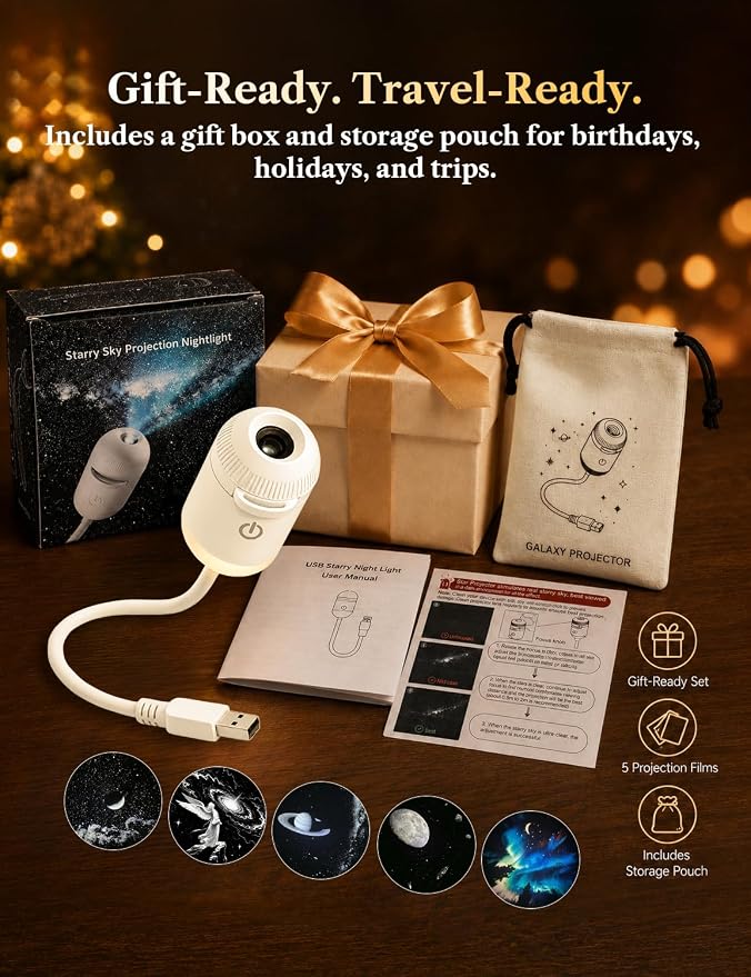 2-in-1 Galaxy Projector Night Light with 5 Projection Films | Stepless dimming, adjustable focus and 360° flexible gooseneck. USB powered for bedrooms, RVs, hotels and cruise cabins.