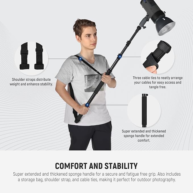 NEEWER 7.5ft/230cm Handheld Light Stand, Portable Telescopic Aluminum Photography Lighting Stand with 1/4" 3/8" 5/8" Screw/Flip Lock/Shoulder Strap for Strobe Light Flash, Max. Load 11LB/5KG, MS-230C | Handheld Light Stand, 1/4" 3/8" 5/8" Screw, Flip L...