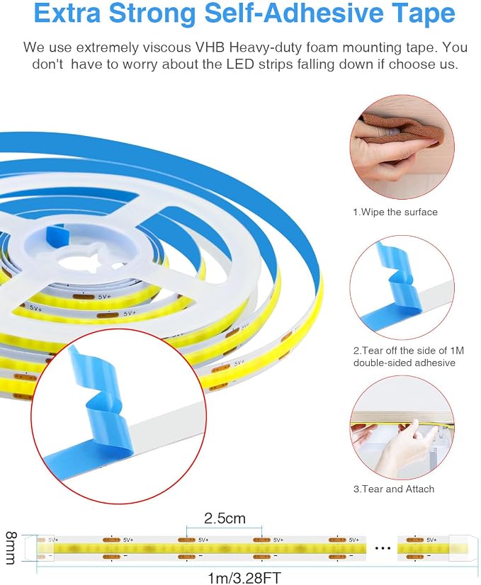 Aclorol 3FT Small LED Light Strip 2 Pack Warm White 3000K 5V COB LED Strip | with 3ft USB Powered for TV Backlight, 8mm Width Tape Lights with Self-Adhesive, for Bedroom Kitchen Sideboard Lighting