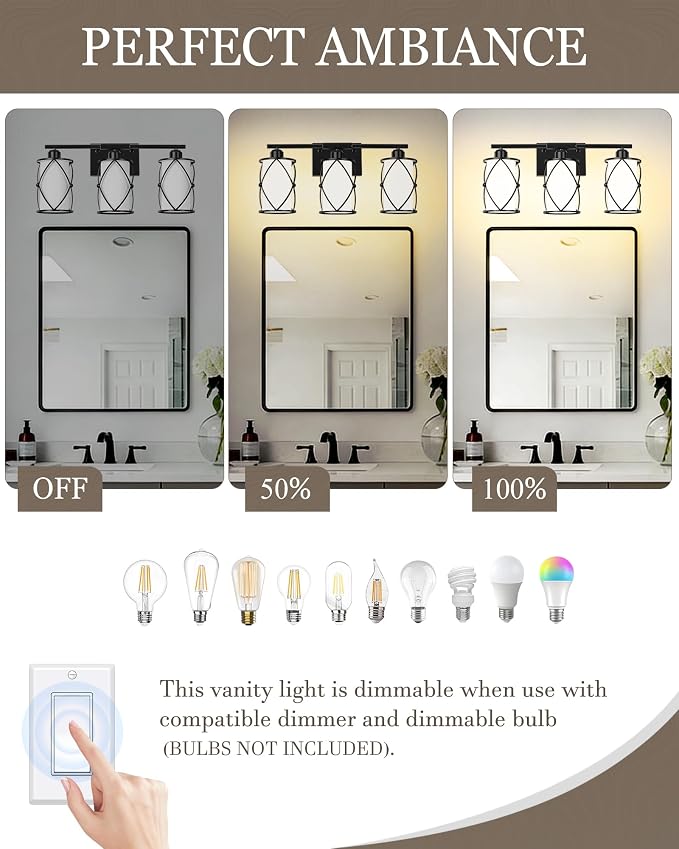 3-Light Black Bathroom Light Fixtures with Milk White Frosted Glass, 21" Modern Bathroom Vanity Lighting Fixtures Over Mirror with Metal Cage, Wall Sconce Lights for Bath, E26, CH9176BKW-3W