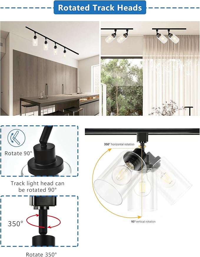 4 Pack H Track Lighting Heads E26 Track Light Heads Modern Pendant Track Lighting Fixtures Ceiling with Clear Glass Shades for Kitchen, H Track Lighting Rail System Compatible (No Bulbs)