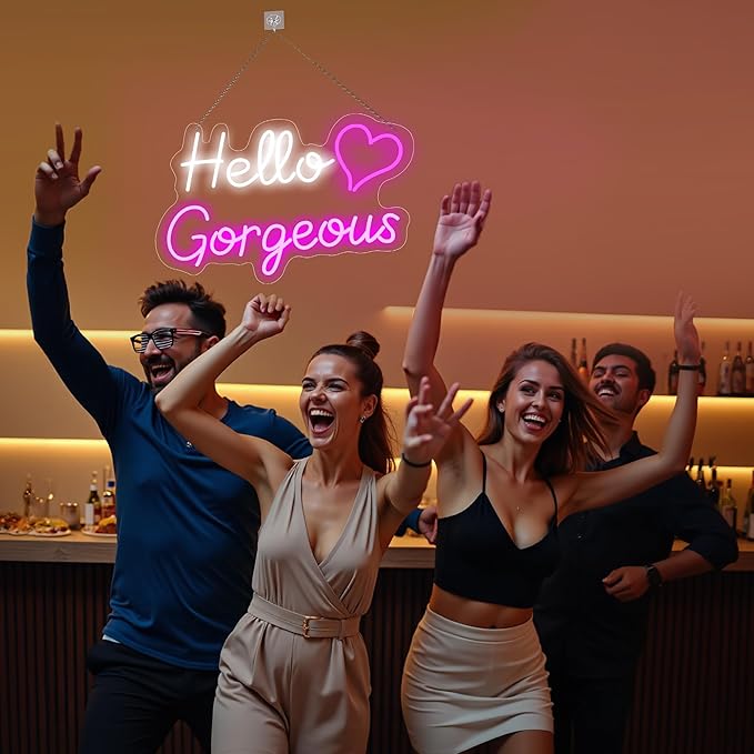 Hello Gorgeous Neon Signs for Wall Decor, for Sign with Dimmable Switch - for Girls Bedroom, Makeup Room Decor Home Wedding Birthday Backdrop (16in White+Pink)