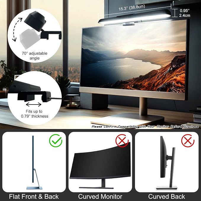 Monitor Light Bar, Computer Monitor Lamp for Eye Care, Home Office (15.3") | USB Reading Light with 3 Color Modes, No Screen Glare, Touch Control, Space Saving, 5 Brightness Levels, 70° Adjustable Angle