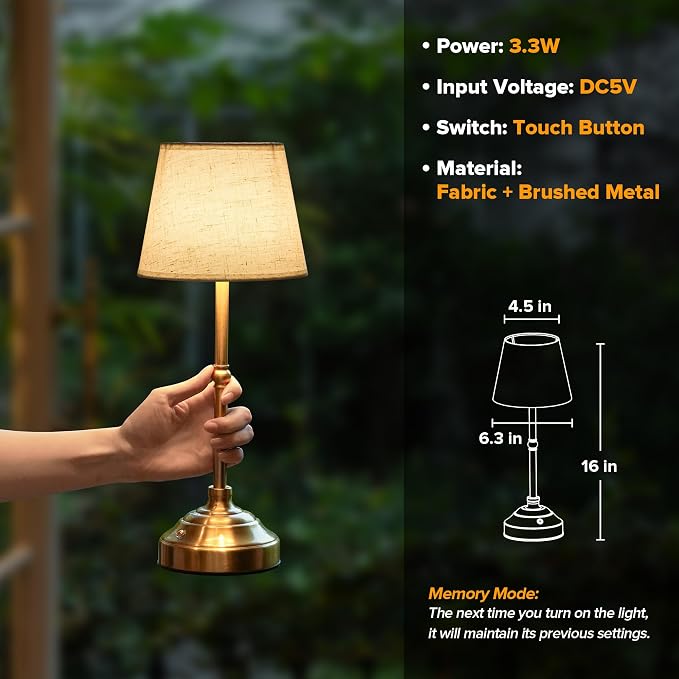 2 Pack Cordless Table Lamp, Rechargeable Desk Lamp with Fabric Shade, Battery Operated 3 Color Stepless Dimming, Small Touch Bedside Lamp Home Decor for Dining, Counter(Brushed Gold)