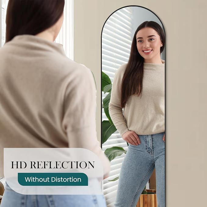 Arched Full Length Floor Mirror, 15.75"x59" Body Wall Mirror Stand | Shatter-Proof Nano Glass, Tall Standing, Hanging or Leaning, Aluminum Alloy Frame for Bedroom, Modern Home Decor, Black