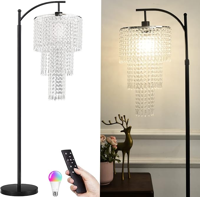 ZECOXOL Arc Floor Lamp for Living Room Modern Floor Lamp with Remote Control,Dimmable Crystal Floor Lamps Black Standing Lamp with 10 Color Temperature Tall Chandelier Floor Lamps for Bedroom Corner